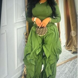 Stylish Olive Green Ruffle Drawstring Women's Pants